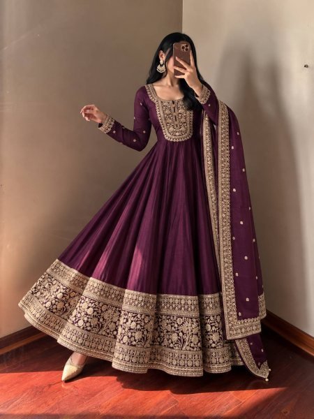 Refined Wine Heavy Roman Silk Gown with Coding Sequin Embroidery for Wedding Ready To Wear Collection