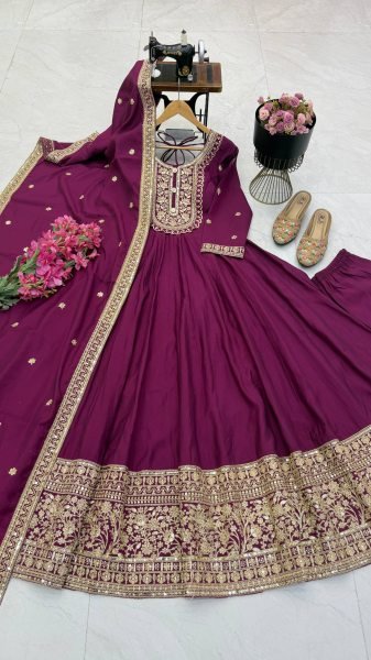 Refined Wine Heavy Roman Silk Gown with Coding Sequin Embroidery for Wedding Ready To Wear Collection