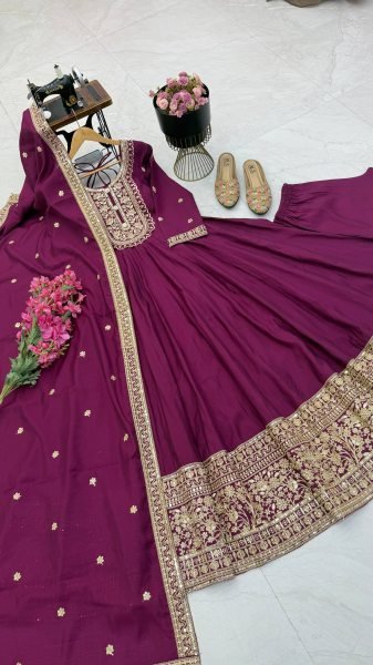 Refined Wine Heavy Roman Silk Gown with Coding Sequin Embroidery for Wedding Ready To Wear Collection
