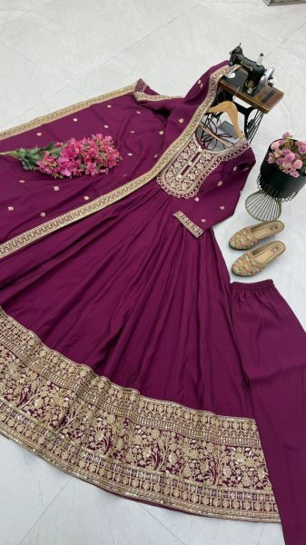Refined Wine Heavy Roman Silk Gown with Coding Sequin Embroidery for Wedding Ready To Wear Collection