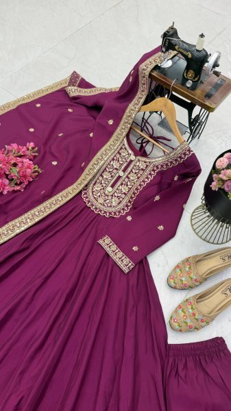 Refined Wine Heavy Roman Silk Gown with Coding Sequin Embroidery for Wedding Ready To Wear Collection