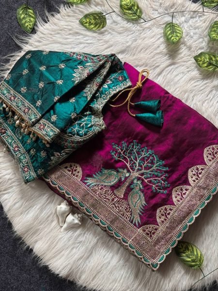 Refined Wine Loving Sparrow Fendy Satin Saree with Ready to Wear Embroidered Blouse Designer Wedding Sarees Wholesale