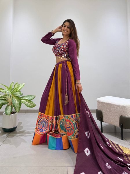 Refined Wine Yellow Rayon Lehenga Choli with Real Mirror Work and Bandhni Dupatta Navratri Lehnega Choli