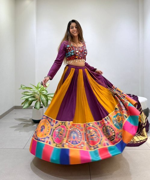 Refined Wine Yellow Rayon Lehenga Choli with Real Mirror Work and Bandhni Dupatta Navratri Lehnega Choli