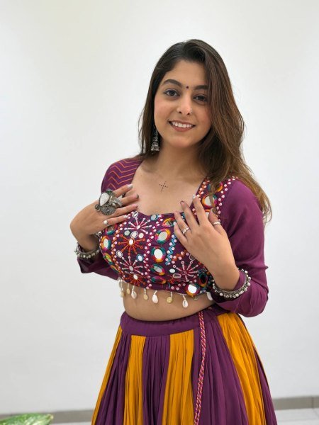 Refined Wine Yellow Rayon Lehenga Choli with Real Mirror Work and Bandhni Dupatta Navratri Lehnega Choli