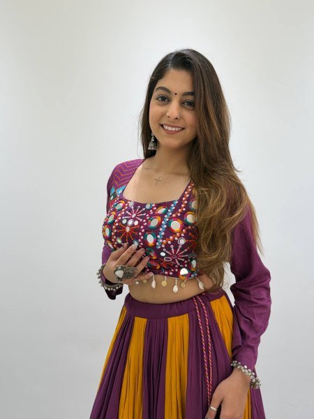 Refined Wine Yellow Rayon Lehenga Choli with Real Mirror Work and Bandhni Dupatta Navratri Lehnega Choli