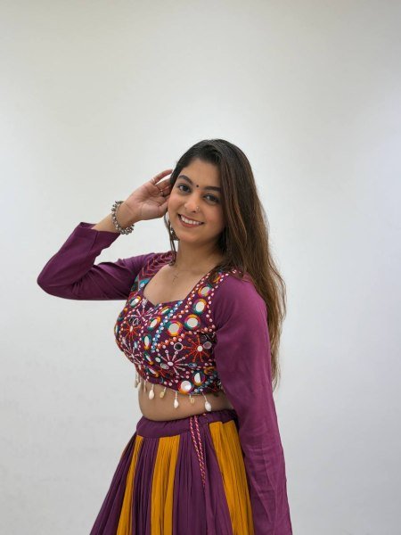Refined Wine Yellow Rayon Lehenga Choli with Real Mirror Work and Bandhni Dupatta Navratri Lehnega Choli
