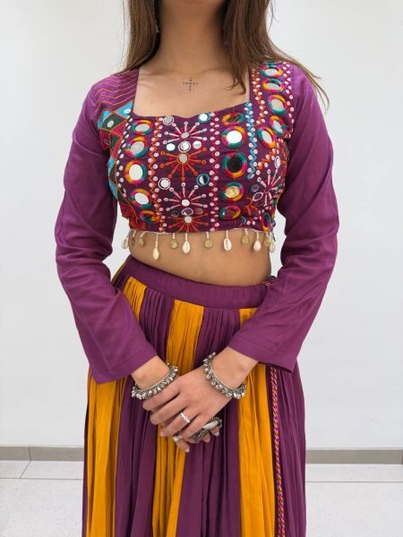 Refined Wine Yellow Rayon Lehenga Choli with Real Mirror Work and Bandhni Dupatta Navratri Lehnega Choli