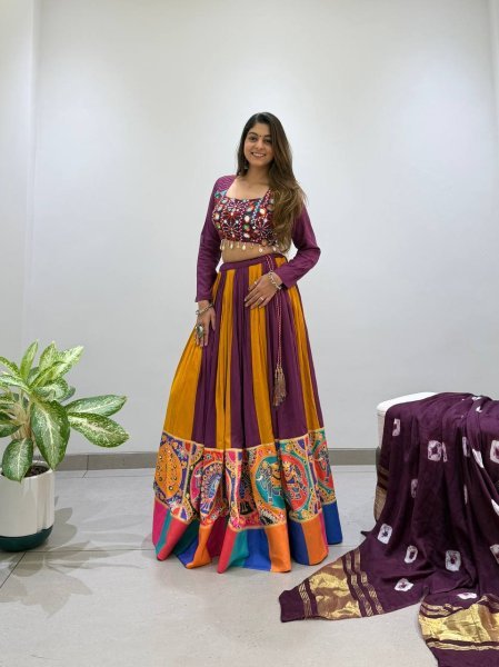 Refined Wine Yellow Rayon Lehenga Choli with Real Mirror Work and Bandhni Dupatta Navratri Lehnega Choli