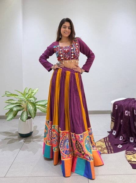 Refined Wine Yellow Rayon Lehenga Choli with Real Mirror Work and Bandhni Dupatta Navratri Lehnega Choli