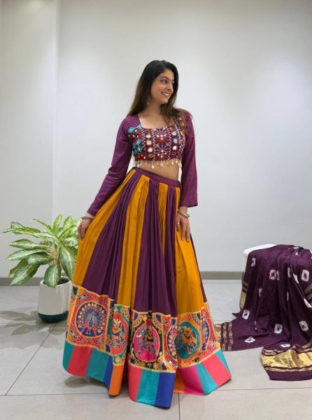 Refined Wine Yellow Rayon Lehenga Choli with Real Mirror Work and Bandhni Dupatta Navratri Lehnega Choli