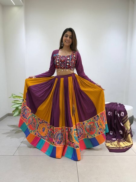 Refined Wine Yellow Rayon Lehenga Choli with Real Mirror Work and Bandhni Dupatta Navratri Lehnega Choli