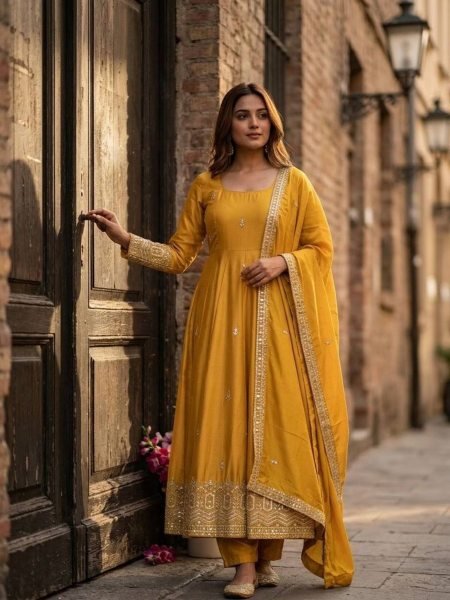 Refined Yellow Chinon Gown Set With Dori And Latkan Work At Budget Price 