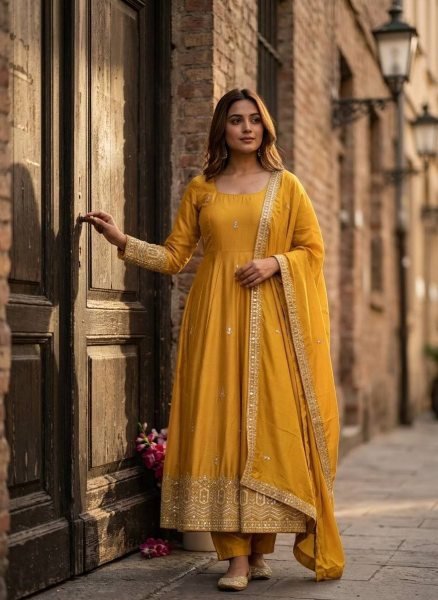 Refined Yellow Chinon Gown Set With Dori And Latkan Work At Budget Price Ready To Wear Collection