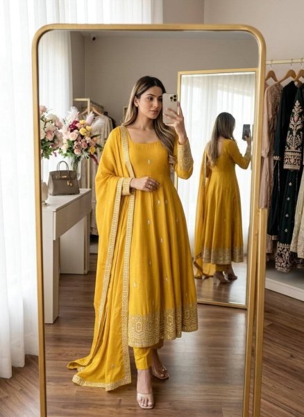Refined Yellow Chinon Gown Set With Dori And Latkan Work At Budget Price Ready To Wear Collection