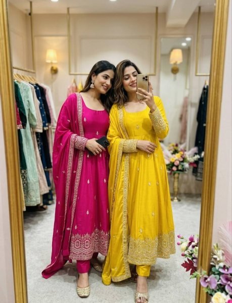 Refined Yellow Chinon Gown Set With Dori And Latkan Work At Budget Price Ready To Wear Collection