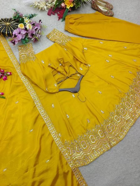 Refined Yellow Chinon Gown Set With Dori And Latkan Work At Budget Price Ready To Wear Collection