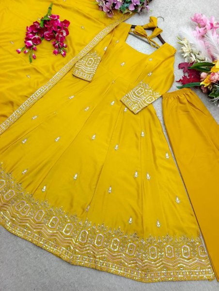 Refined Yellow Chinon Gown Set With Dori And Latkan Work At Budget Price Ready To Wear Collection