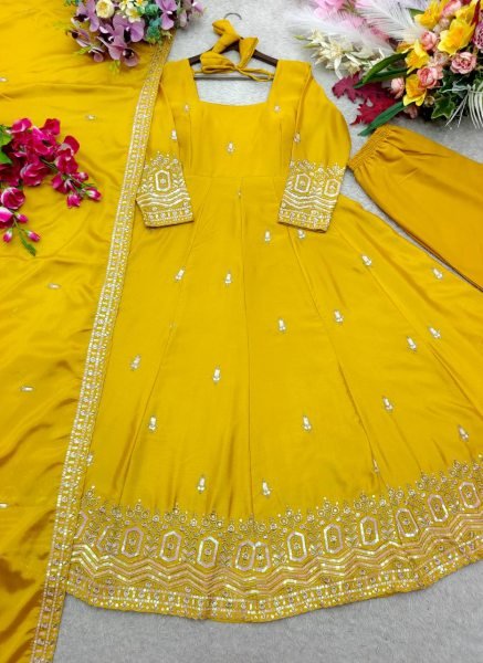 Refined Yellow Chinon Gown Set With Dori And Latkan Work At Budget Price Ready To Wear Collection