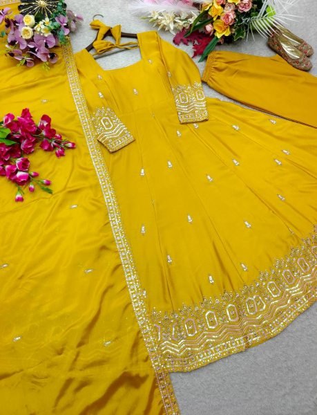 Refined Yellow Chinon Gown Set With Dori And Latkan Work At Budget Price Ready To Wear Collection