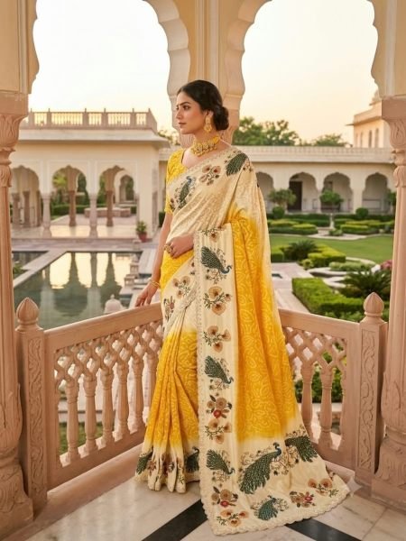 Refined Yellow Chinon Silk Saree with Digital Printed Blouse and Swarovski Border For Bulk Order Sarees 