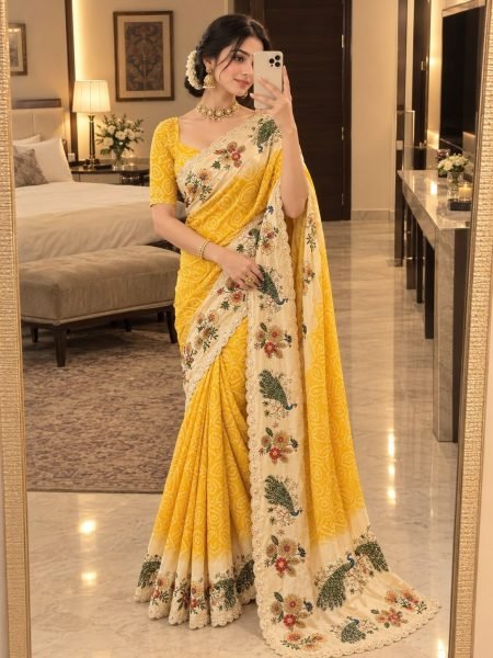 Refined Yellow Chinon Silk Saree with Digital Printed Blouse and Swarovski Border For Bulk Order Silk Sarees Wholesale