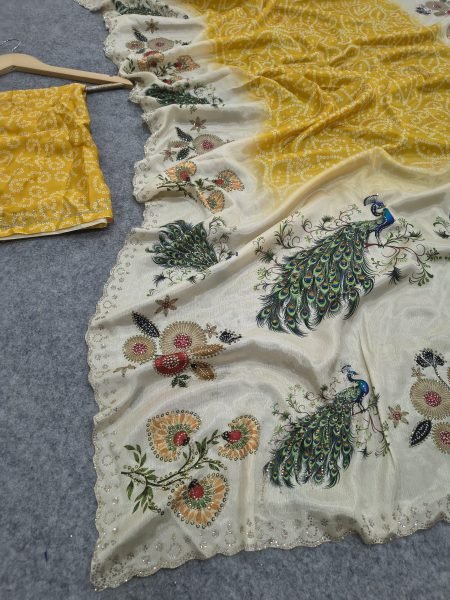 Refined Yellow Chinon Silk Saree with Digital Printed Blouse and Swarovski Border For Bulk Order Silk Sarees Wholesale