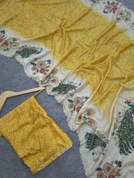 Refined Yellow Chinon Silk Saree with Digital Printed Blouse and Swarovski Border For Bulk Order Silk Sarees Wholesale