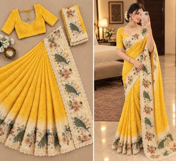 Refined Yellow Chinon Silk Saree with Digital Printed Blouse and Swarovski Border For Bulk Order Silk Sarees Wholesale