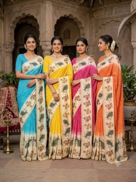 Refined Yellow Chinon Silk Saree with Digital Printed Blouse and Swarovski Border For Bulk Order Silk Sarees Wholesale