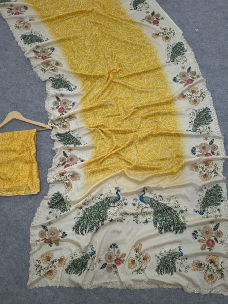 Refined Yellow Chinon Silk Saree with Digital Printed Blouse and Swarovski Border For Bulk Order Silk Sarees Wholesale
