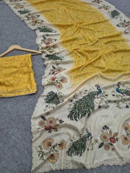 Refined Yellow Chinon Silk Saree with Digital Printed Blouse and Swarovski Border For Bulk Order Silk Sarees Wholesale