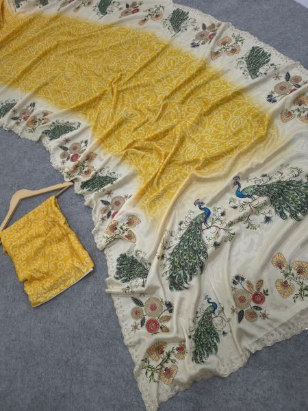 Refined Yellow Chinon Silk Saree with Digital Printed Blouse and Swarovski Border For Bulk Order Silk Sarees Wholesale