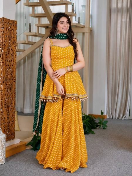 Refined Yellow Designer Bandhej Print Kediya Palazzo Set with Faux Georgette Dupatta 