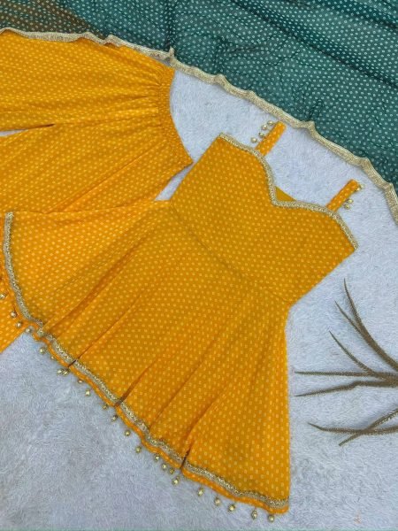 Refined Yellow Designer Bandhej Print Kediya Palazzo Set with Faux Georgette Dupatta Ready To Wear Collection