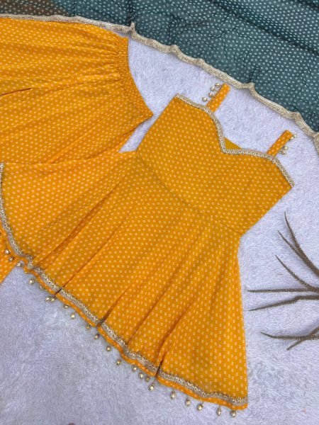 Refined Yellow Designer Bandhej Print Kediya Palazzo Set with Faux Georgette Dupatta Ready To Wear Collection