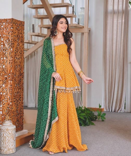Refined Yellow Designer Bandhej Print Kediya Palazzo Set with Faux Georgette Dupatta Ready To Wear Collection