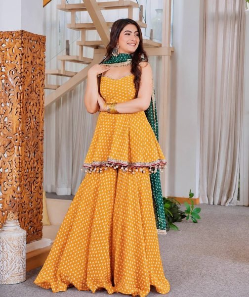 Refined Yellow Designer Bandhej Print Kediya Palazzo Set with Faux Georgette Dupatta Ready To Wear Collection