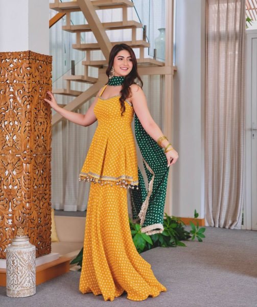 Refined Yellow Designer Bandhej Print Kediya Palazzo Set with Faux Georgette Dupatta Ready To Wear Collection