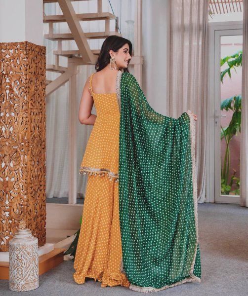 Refined Yellow Designer Bandhej Print Kediya Palazzo Set with Faux Georgette Dupatta Ready To Wear Collection