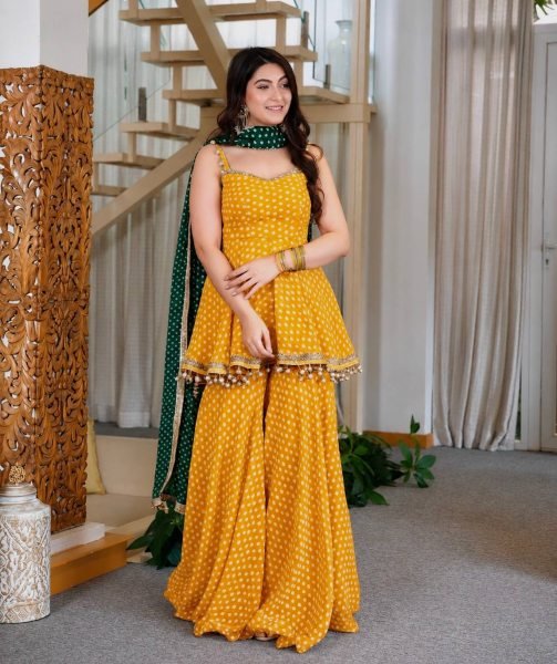Refined Yellow Designer Bandhej Print Kediya Palazzo Set with Faux Georgette Dupatta Ready To Wear Collection