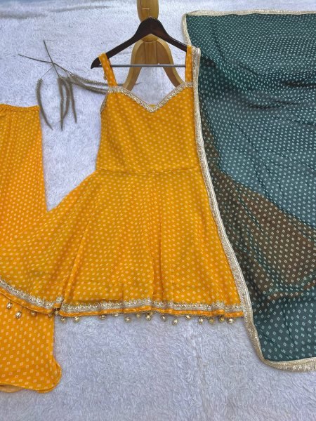 Refined Yellow Designer Bandhej Print Kediya Palazzo Set with Faux Georgette Dupatta Ready To Wear Collection