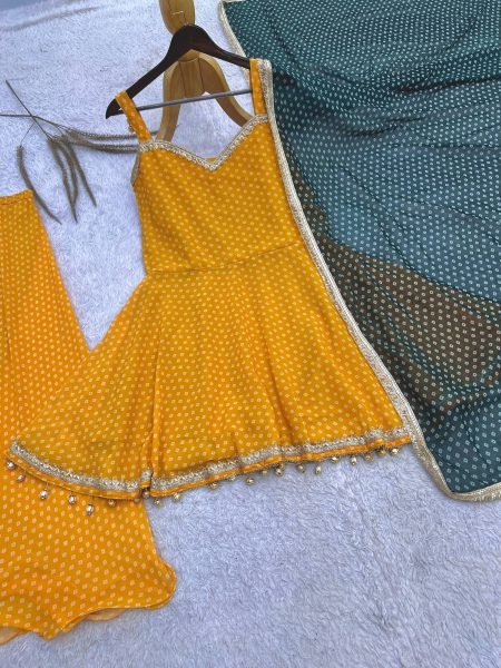 Refined Yellow Designer Bandhej Print Kediya Palazzo Set with Faux Georgette Dupatta Ready To Wear Collection