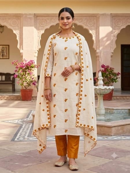 Refined Yellow Designer Cora Cambric Cotton Suit Set with South Cotton Bottom at Wholesale Rate Dress Material 