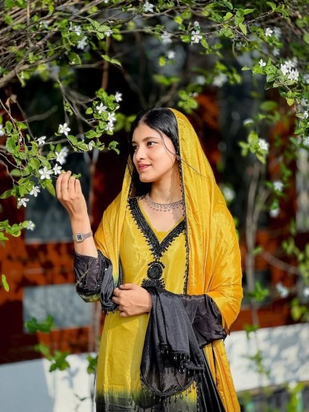 Refined Yellow French Crepe Silk Kurti Set with Beads Work for Festive Wear Ready To Wear Collection