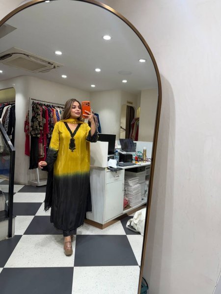 Refined Yellow French Crepe Silk Kurti Set with Beads Work for Festive Wear Ready To Wear Collection