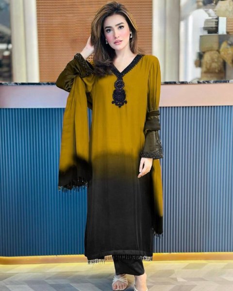 Refined Yellow French Crepe Silk Kurti Set with Beads Work for Festive Wear Ready To Wear Collection