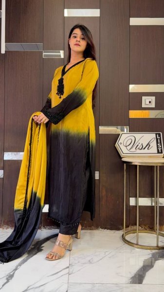 Refined Yellow French Crepe Silk Kurti Set with Beads Work for Festive Wear Ready To Wear Collection