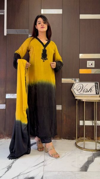 Refined Yellow French Crepe Silk Kurti Set with Beads Work for Festive Wear Ready To Wear Collection