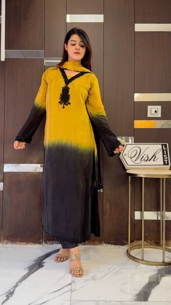 Refined Yellow French Crepe Silk Kurti Set with Beads Work for Festive Wear Ready To Wear Collection